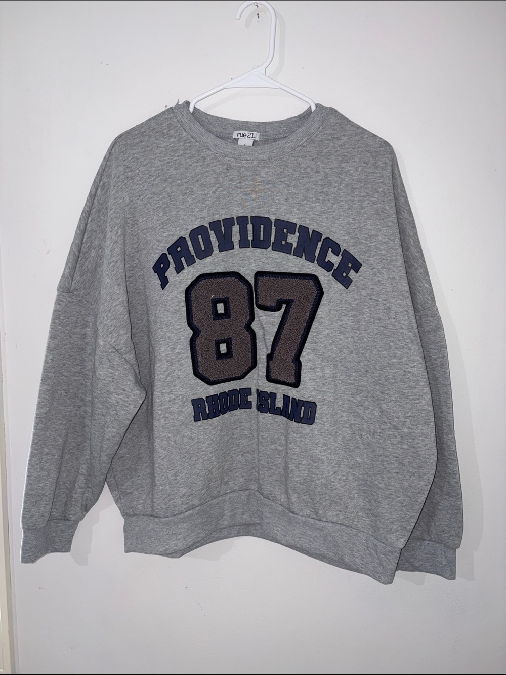 Rue21 Gray Crewneck Sweatshirt with Navy and Brown Appliqué